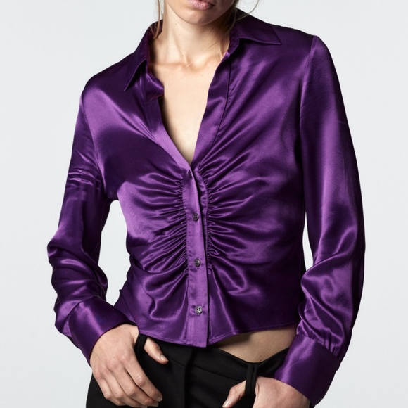 Zara | Tops | Zara Purple Pleated Satin Effect Vneck Long Sleeve Shirt Nwt  | Poshmark